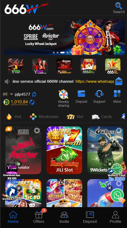 666W Game mobile application interface displayed on an Android device showing the main dashboard and navigation options