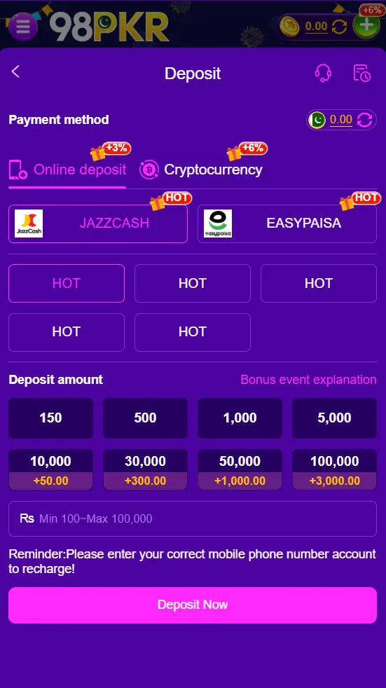 98PKR Game deposit screen illustrating payment options such as bank transfer and mobile wallets