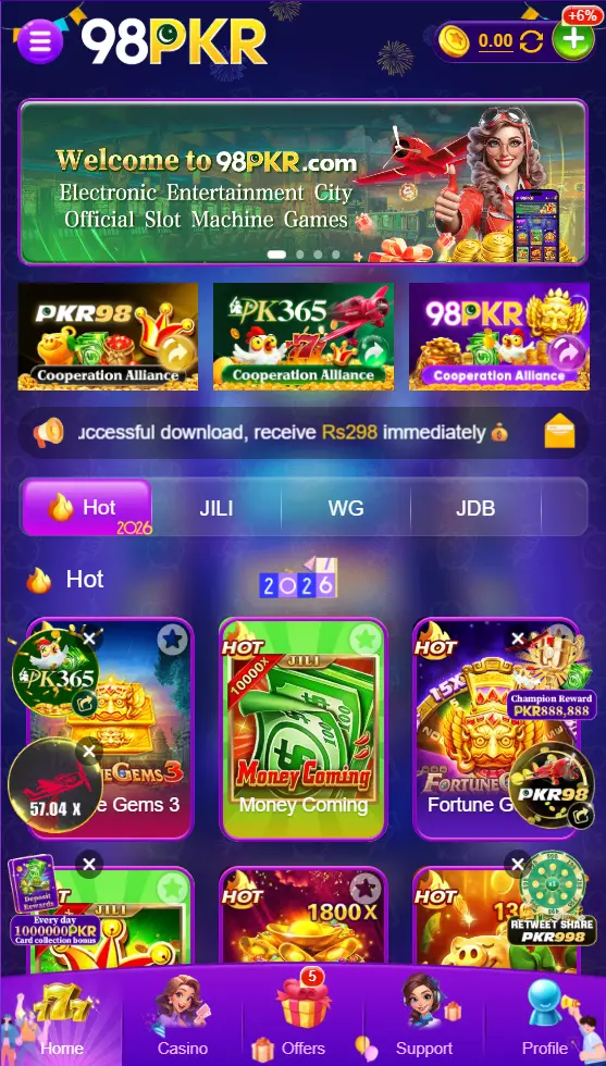 98PKR Game homepage interface showing main dashboard, navigation options, and user account access