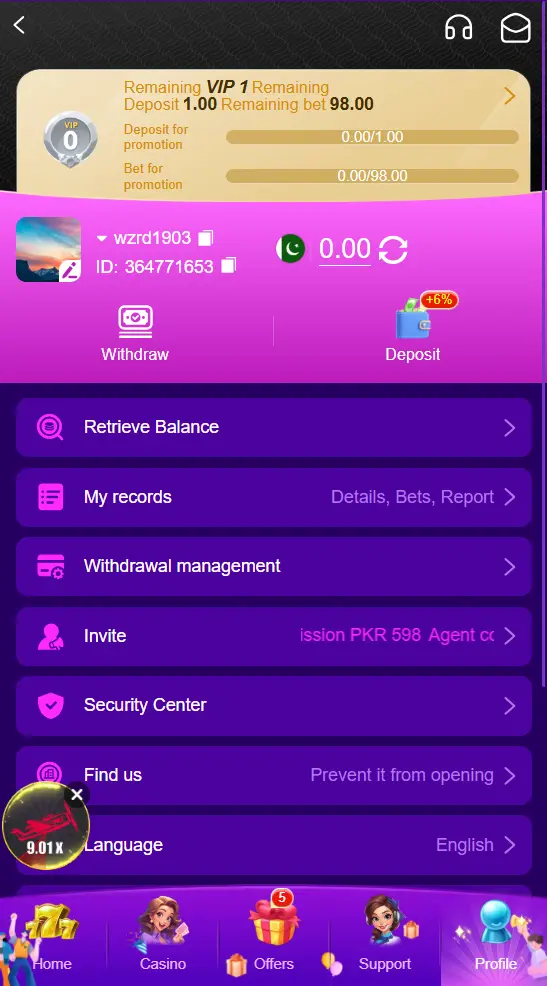 98PKR Game withdrawal page showing balance request form and linked bank or mobile wallet details