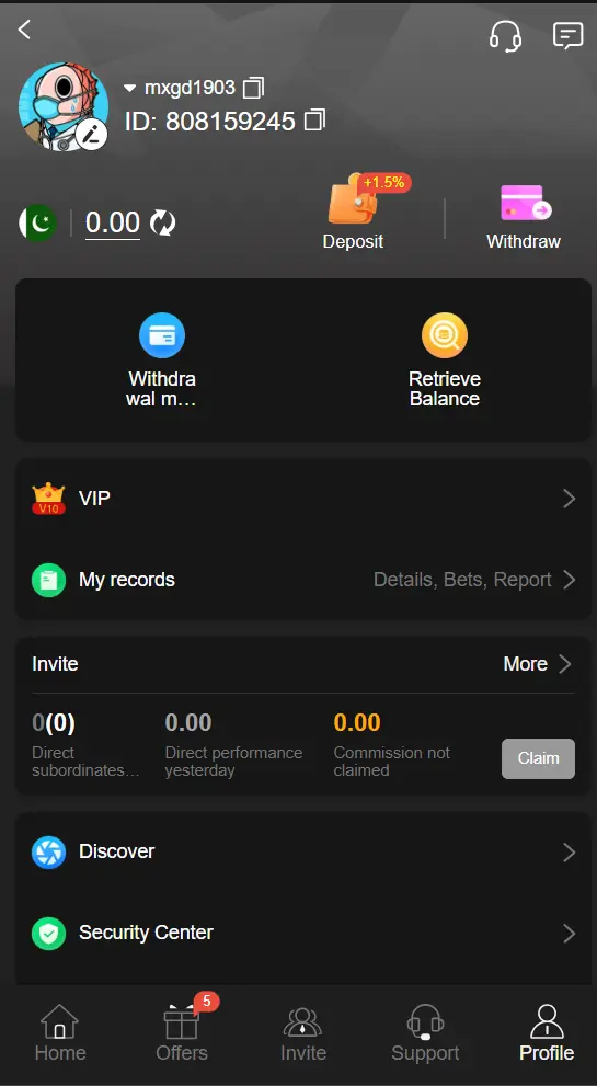 P999 Game withdrawal interface displaying amount entry field and registered bank or mobile wallet details