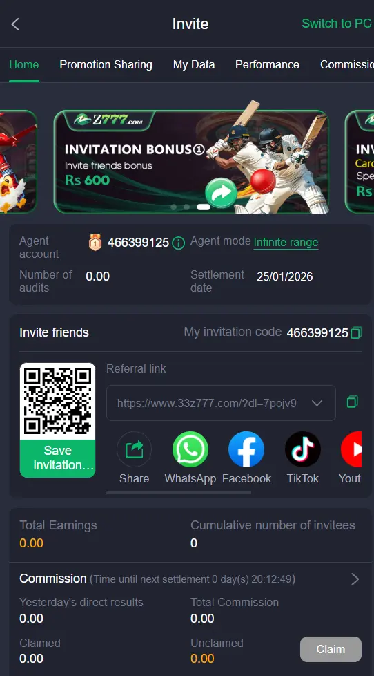 Z777 Game mobile interface showing invitations section