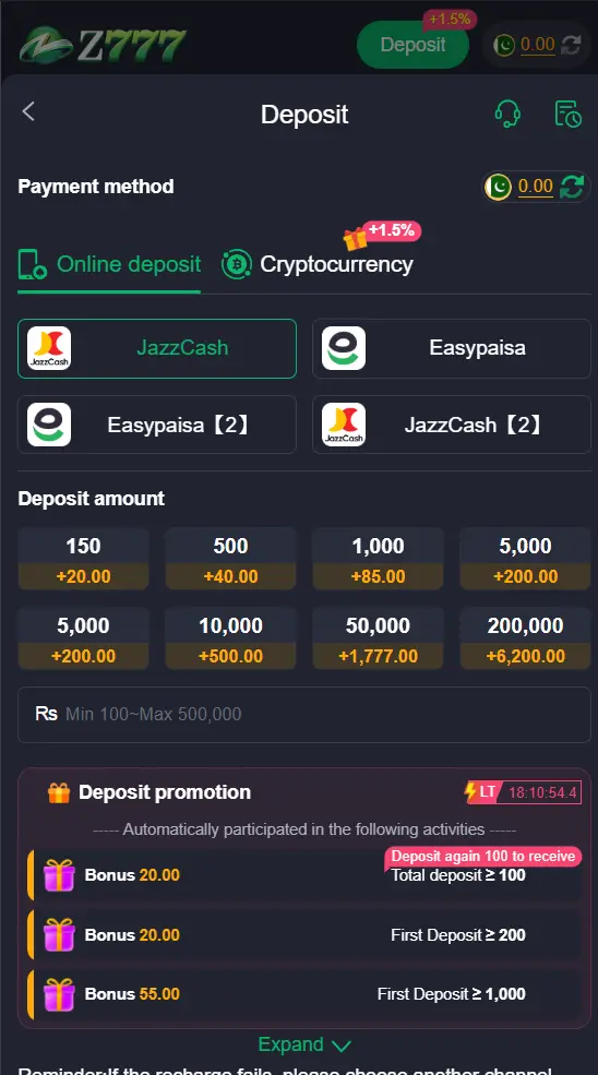 Z777 Game mobile interface showing deposit means