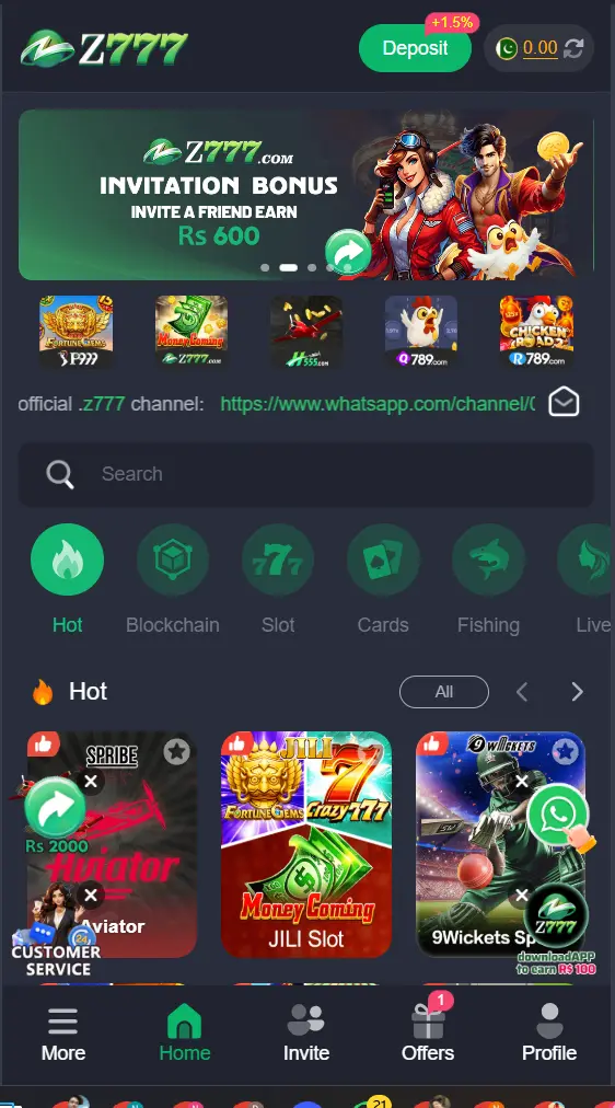 Z777 Game mobile interface/Homepage showing gameplay dashboard