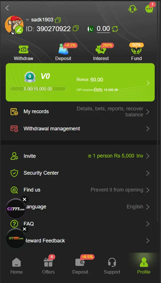 ZS999 Game withdrawal interface displaying amount entry field and registered bank or mobile wallet details