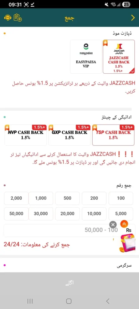 DK11 Game deposit screen illustrating available payment options including bank transfer and mobile wallet methods