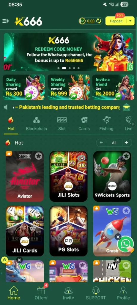 K666 Game mobile application interface displayed on an Android device showing the main dashboard and navigation options