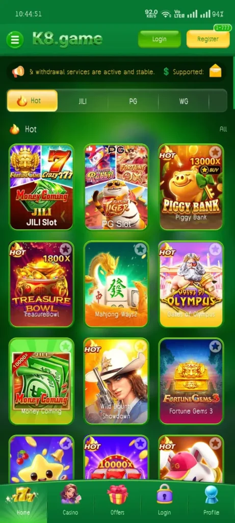 K8 Game login and registration page on Android phone